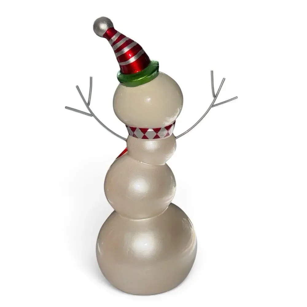Vtg Pier 1 Enameled Ceramic Snowman Opalescent 15” Tabletop Decor Whimsical